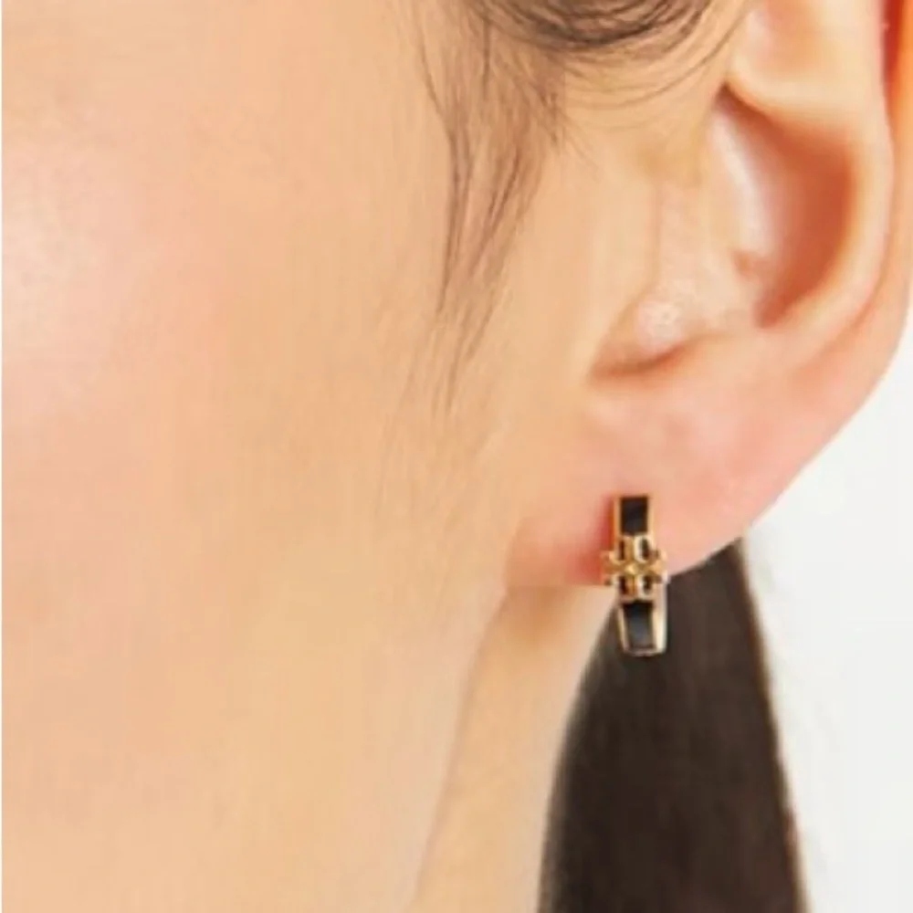 Tory Burch Gold and Black Huggie Hoop Earrings - Picture 4 of 5